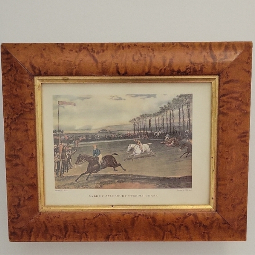 Vintage Burl Wood Framed  Vintage Vale Of Aylesbury Steeple Chase Hunting Print